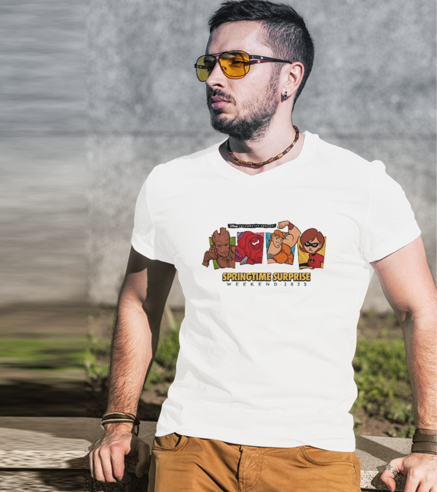 Run Disney Springtime Surprise Weekend 2025 Groot Baymax Hercules Elastigirl T-Shirt