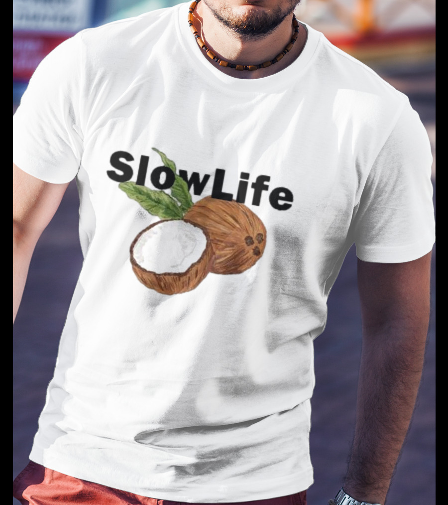 Slow Life Coconut Illustration With Text And Leaves T-Shirt