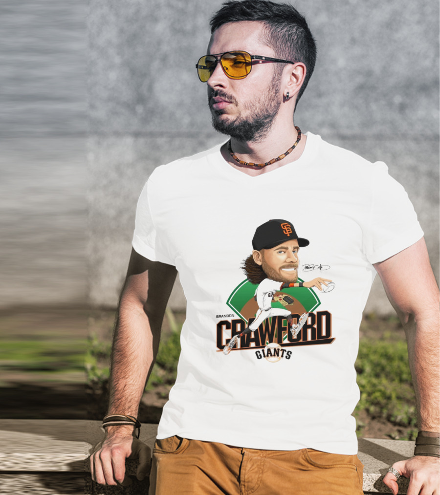 San Francisco Giants Brandon Crawford Caricature Celebrating Legendary Signature T-Shirt