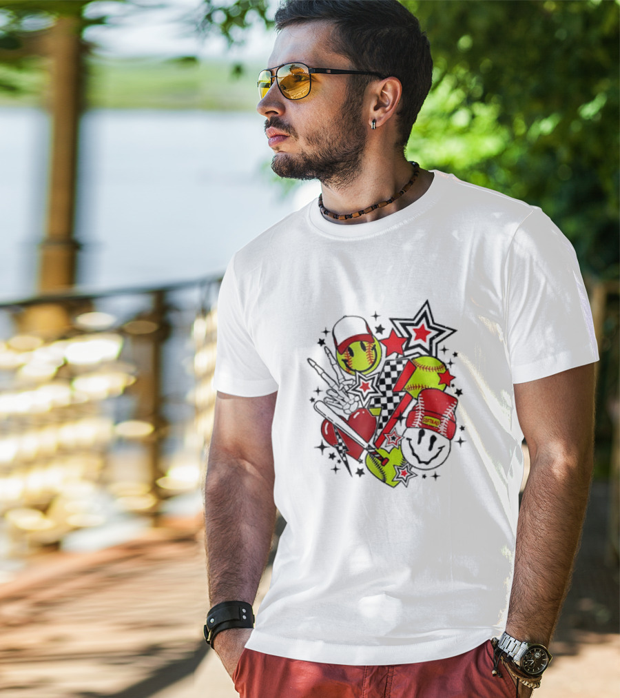 Softball Smiley Face Devil Cap Bats And Stars Retro T-Shirt