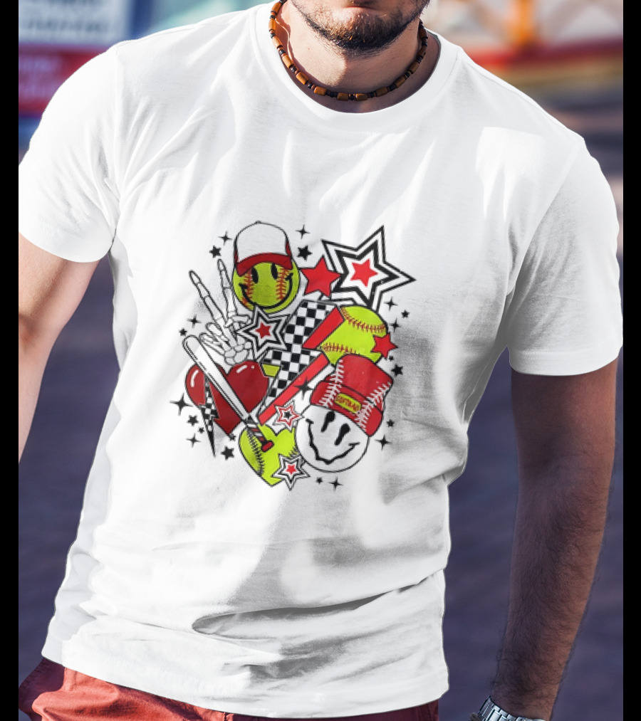 Softball Smiley Face Devil Cap Bats And Stars Retro T-Shirt