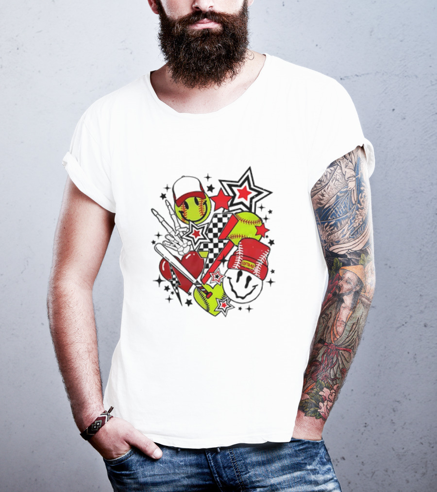 Softball Smiley Face Devil Cap Bats And Stars Retro T-Shirt