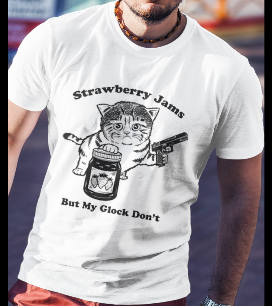 Strawberry Jams Cat With Gun And Jar T-Shirt