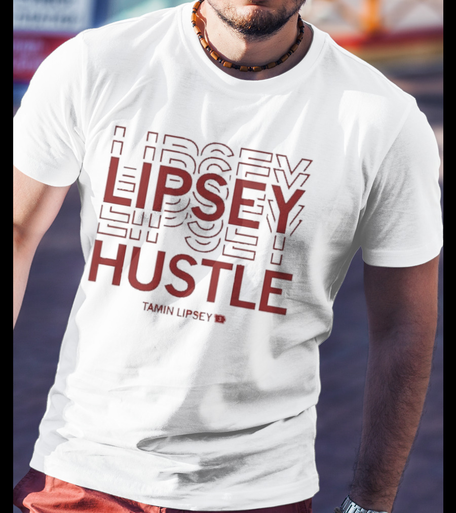Tamin Lipsey Hustle Repeating Bold Red Text T-Shirt