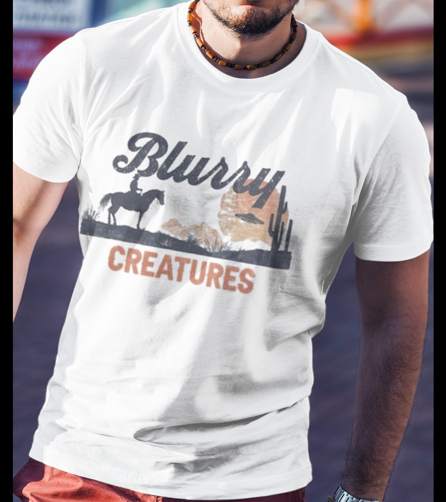 Blurry Creatures UFO Desert Cowboy Cactus Scene T-Shirt