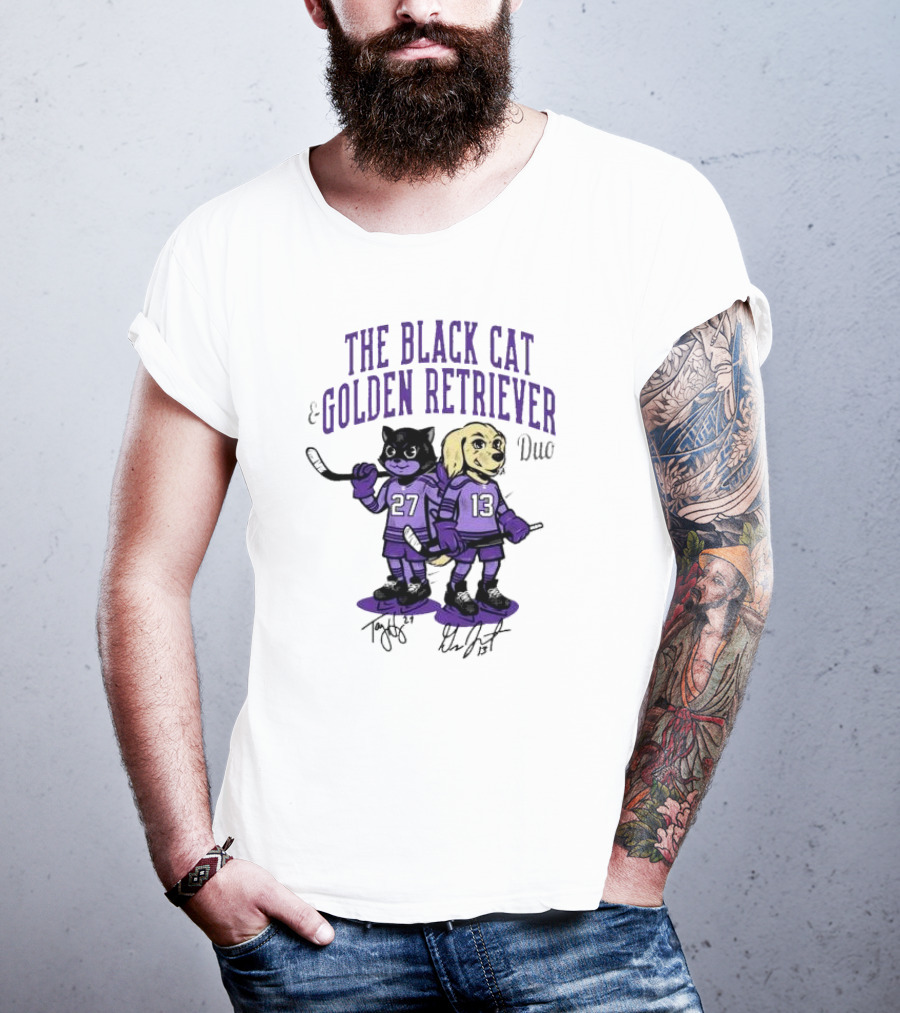The Black Cat Golden Retriever 27 13 Hockey Duo T-Shirt