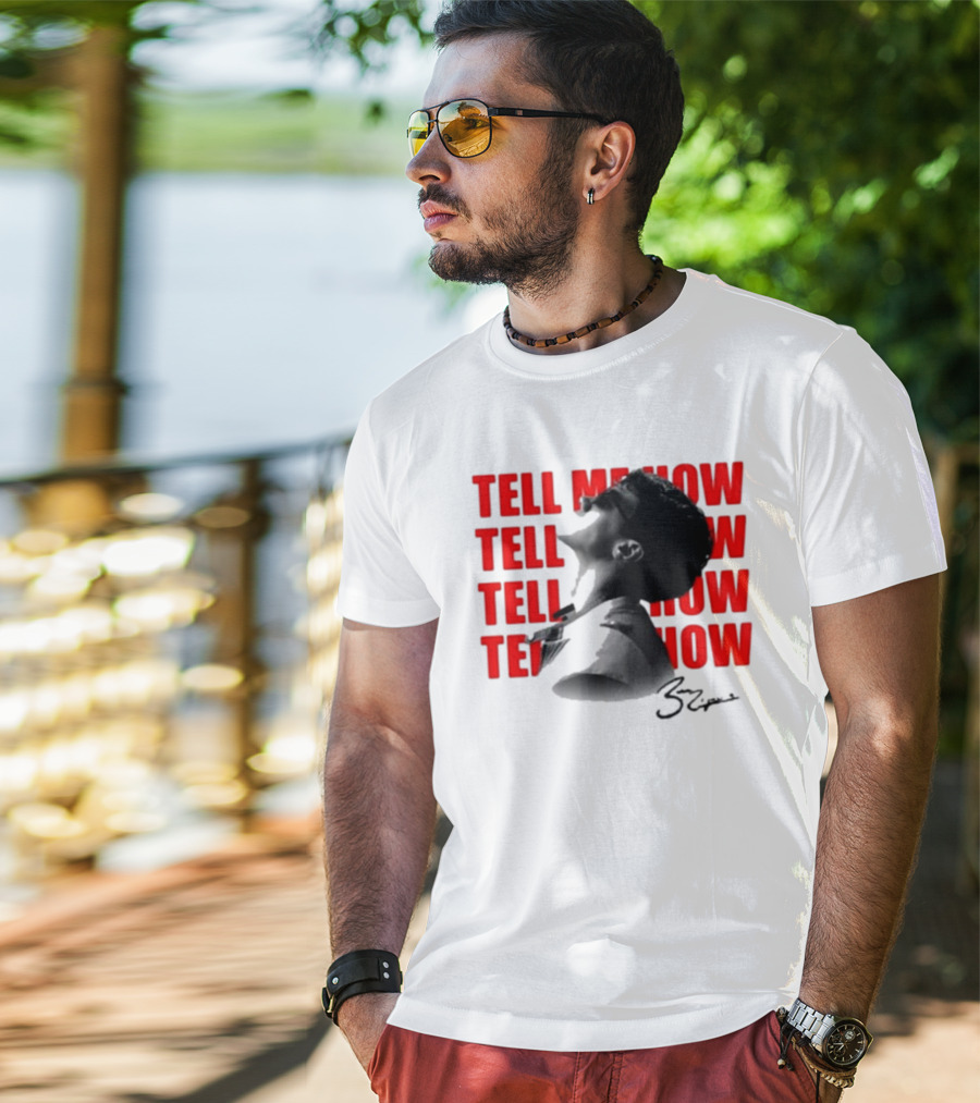 Tell Me How Ben Rodrigues Signature Black And White Artistic Portrait With Repeated Text In Eye-Catching Red Style T-Shirt