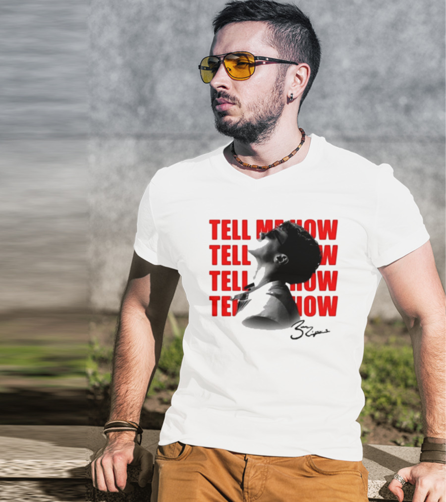 Tell Me How Ben Rodrigues Signature Black And White Artistic Portrait With Repeated Text In Eye-Catching Red Style T-Shirt
