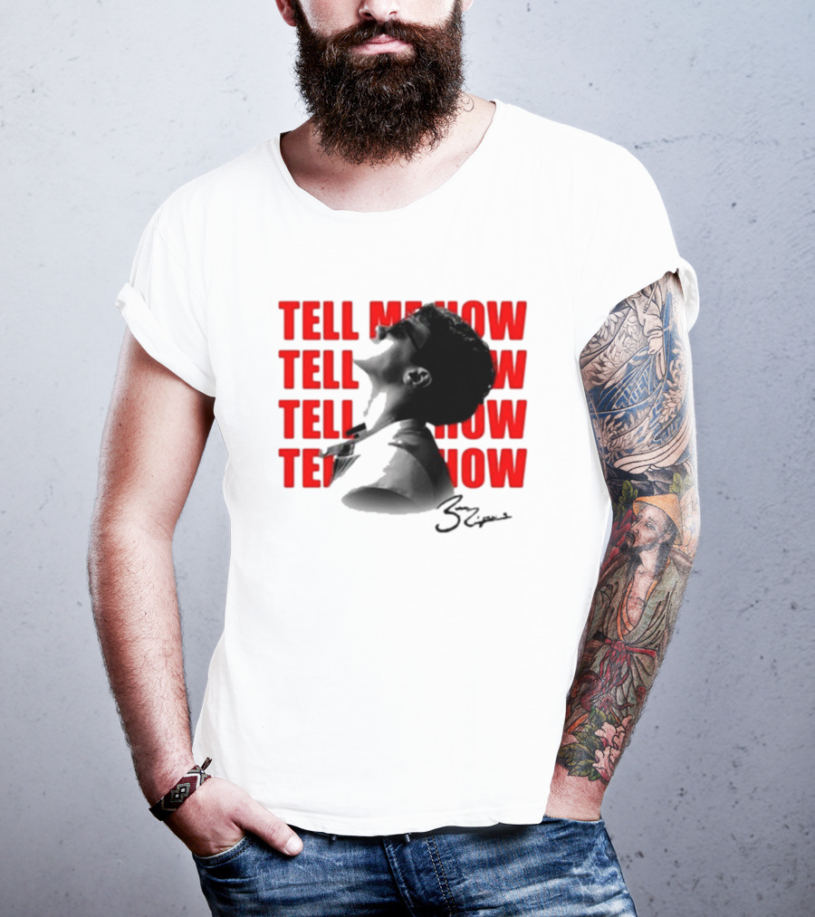 Tell Me How Ben Rodrigues Signature Black And White Artistic Portrait With Repeated Text In Eye-Catching Red Style T-Shirt
