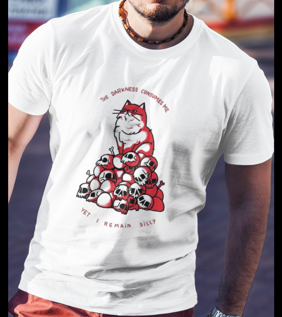 The Darkness Consumes Me Yet I Remain Silly Red Cat Bats Skulls T-Shirt
