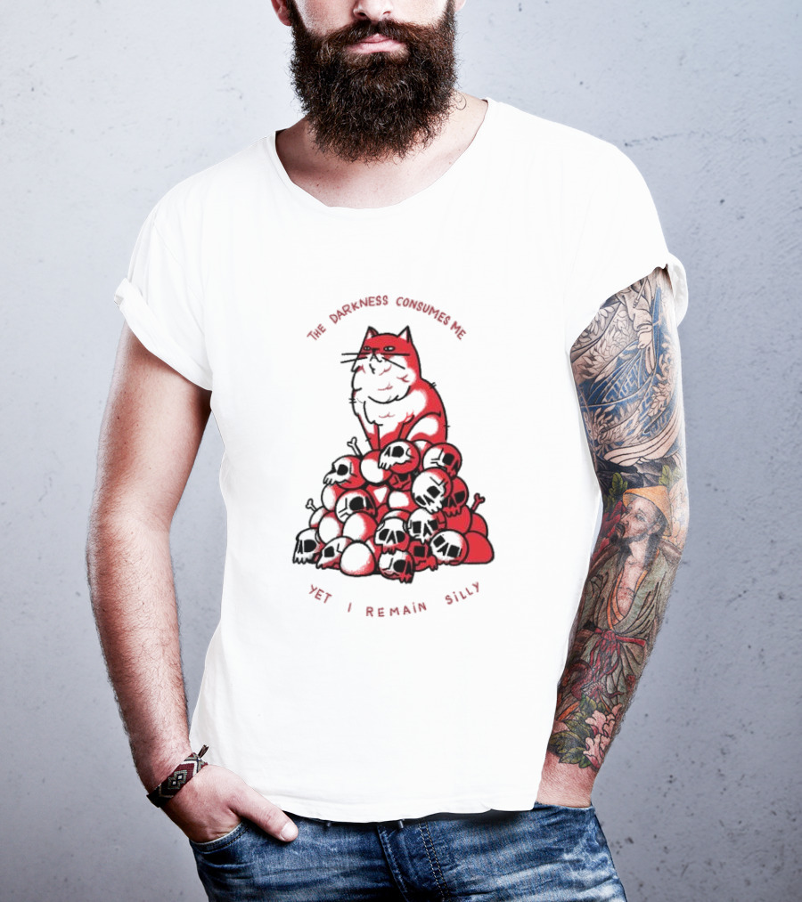 The Darkness Consumes Me Yet I Remain Silly Red Cat Bats Skulls T-Shirt