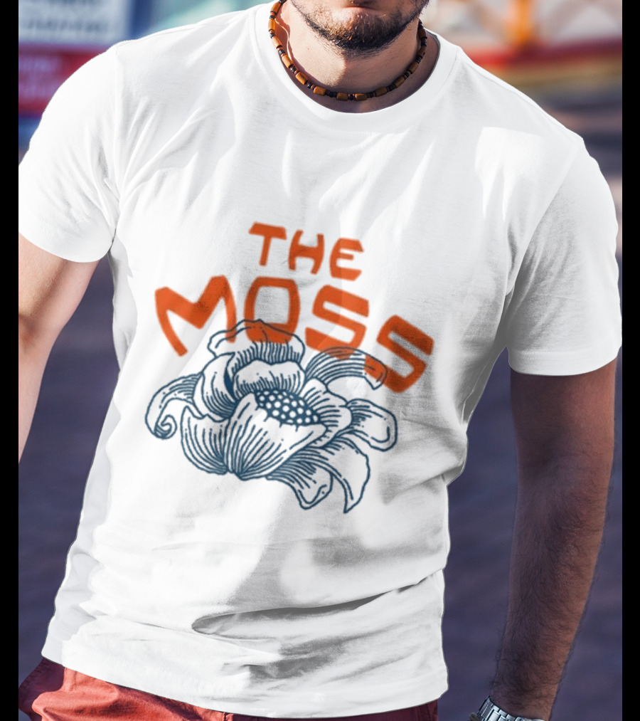 The Moss Flower 2025 Bold Blue And Orange Text Over Artistic Floral Illustration T-Shirt