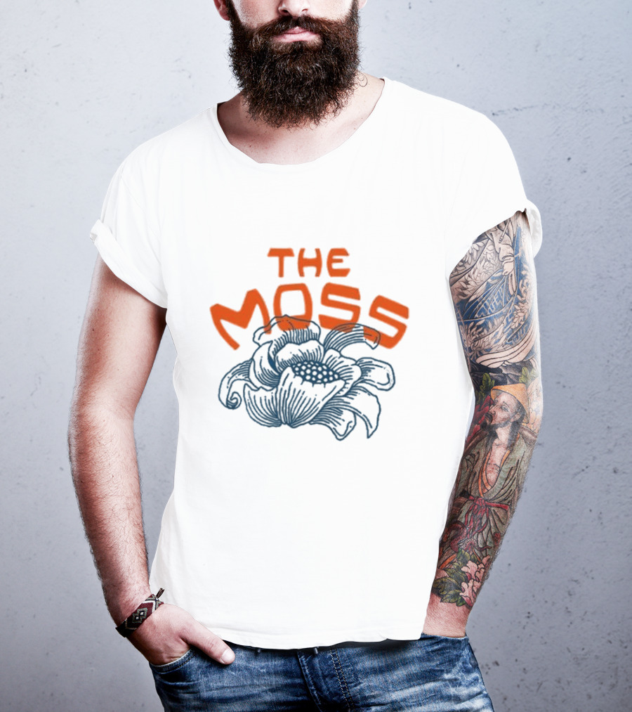 The Moss Flower 2025 Bold Blue And Orange Text Over Artistic Floral Illustration T-Shirt