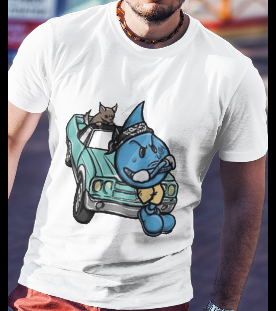 Thornhill Bat White Blue Cartoon Character With Dog In Classic Car T-Shirt
