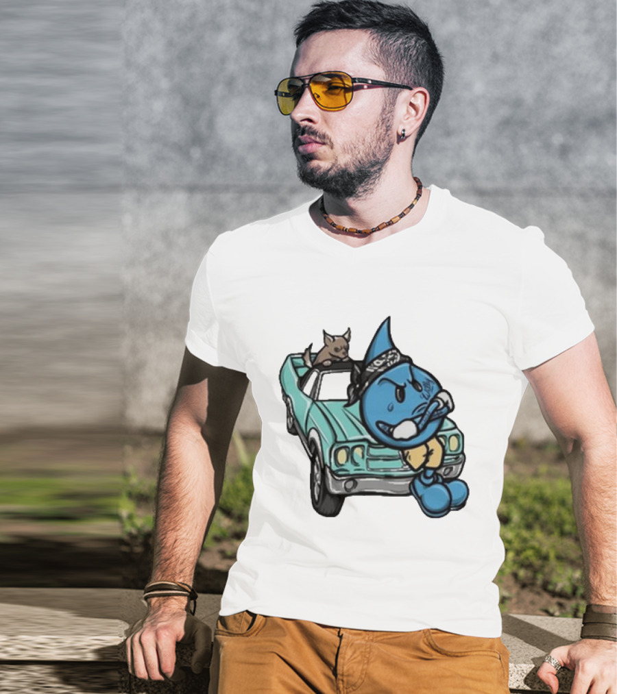 Thornhill Bat White Blue Cartoon Character With Dog In Classic Car T-Shirt