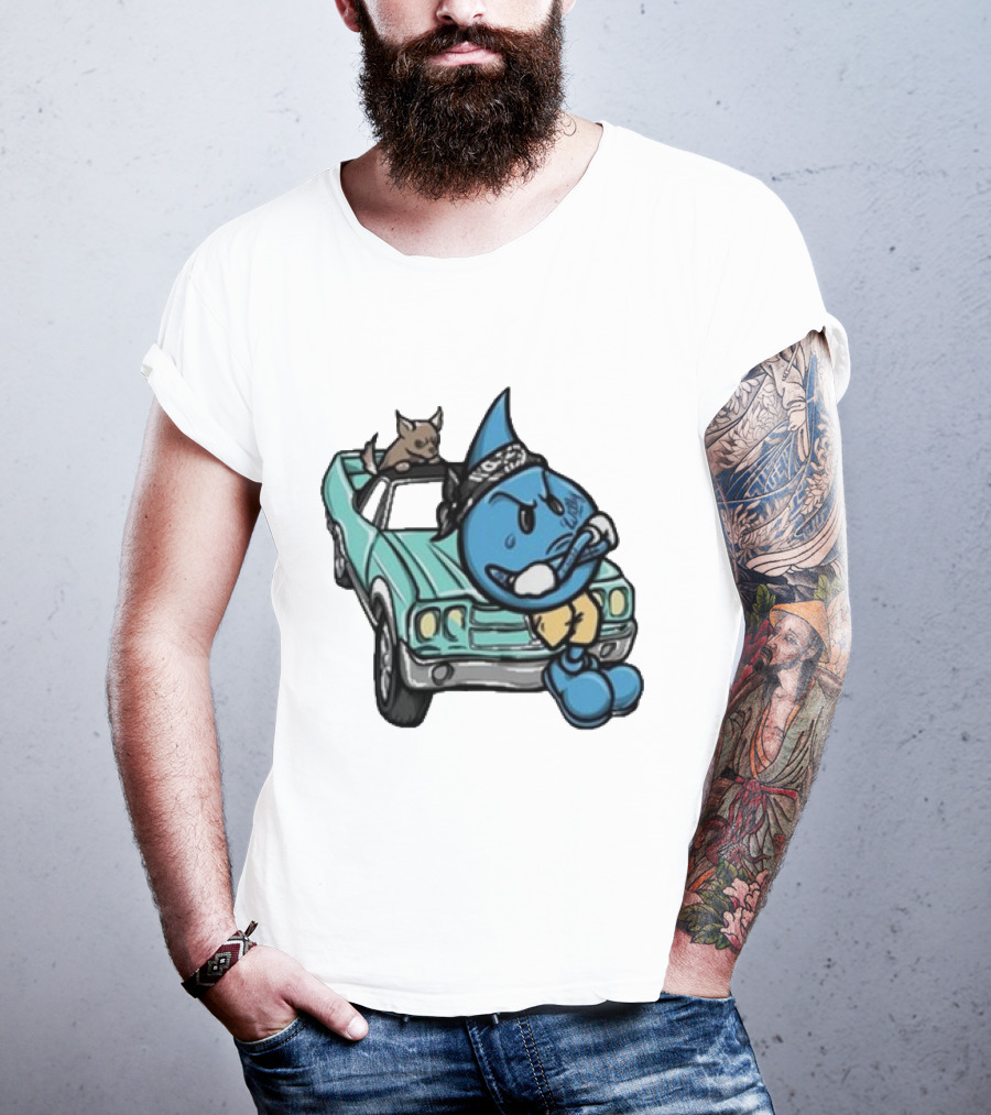 Thornhill Bat White Blue Cartoon Character With Dog In Classic Car T-Shirt