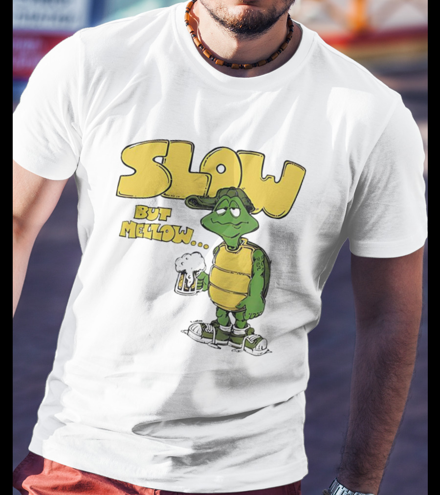 Slow But Mellow Turtle With Beer Retro Vintage 70s Style T-Shirt