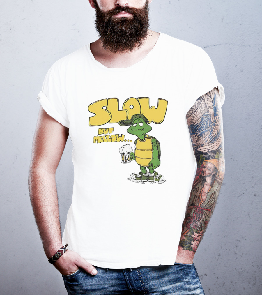 Slow But Mellow Turtle With Beer Retro Vintage 70s Style T-Shirt