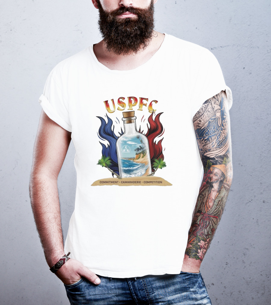 USPFC Commitment Camaraderie Competition Coastal Scenic Bottle Design T-Shirt
