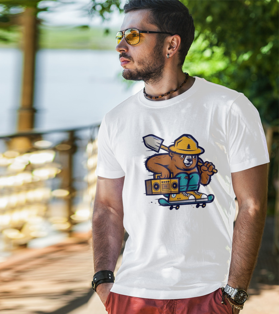 ```Wildfire Relief Bear Skateboarding With Boombox And Shovel``` T-Shirt