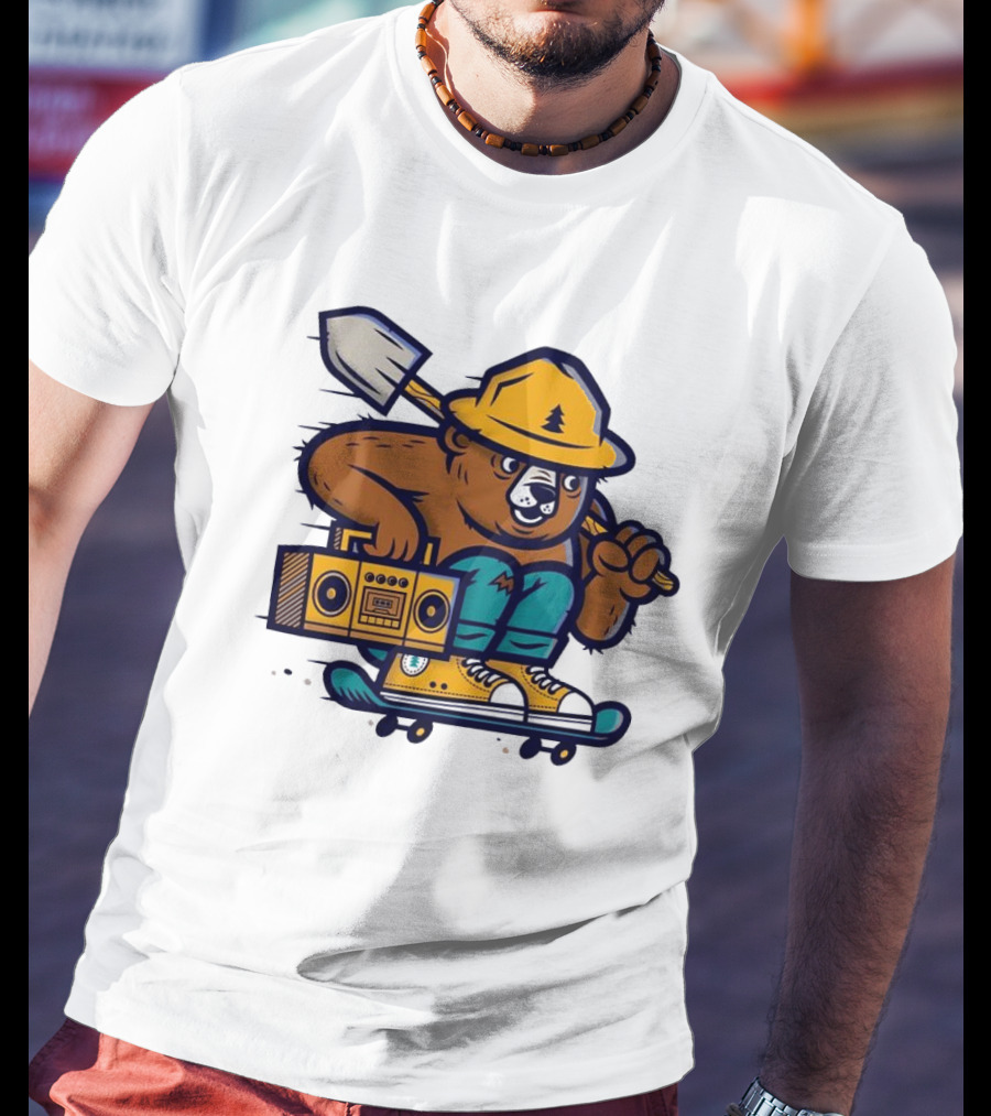 ```Wildfire Relief Bear Skateboarding With Boombox And Shovel``` T-Shirt