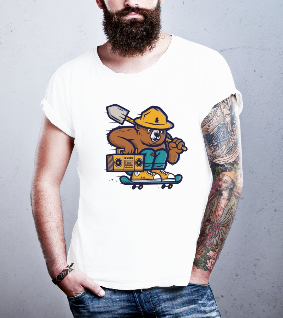 ```Wildfire Relief Bear Skateboarding With Boombox And Shovel``` T-Shirt