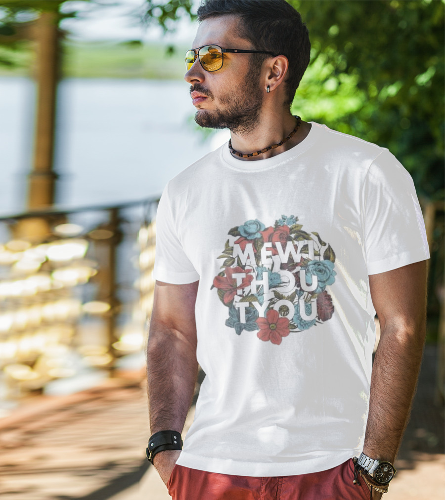 Mewi Thou Tyou White Flowers Roses Blue Red T-Shirt