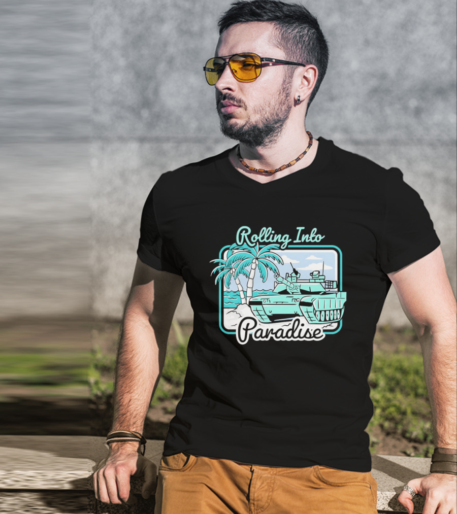 Rolling Into Paradise Tropical Beach Tank Palm Trees Ocean Scene T-Shirt