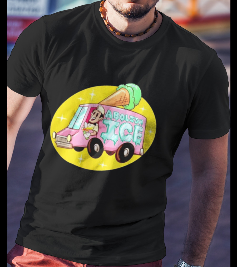 Abolish Ice Pink Ice Cream Truck With Melting Cone On Yellow T-Shirt