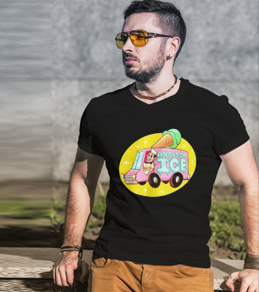 Abolish Ice Pink Ice Cream Truck With Melting Cone On Yellow T-Shirt