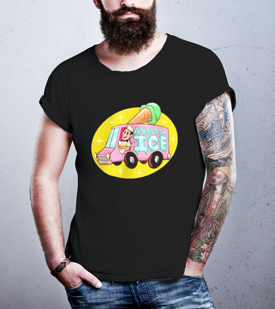 Abolish Ice Pink Ice Cream Truck With Melting Cone On Yellow T-Shirt