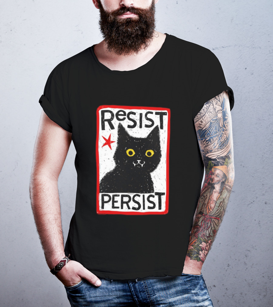 Resist Persist Black Cat Activism Red Star Empowerment T-Shirt