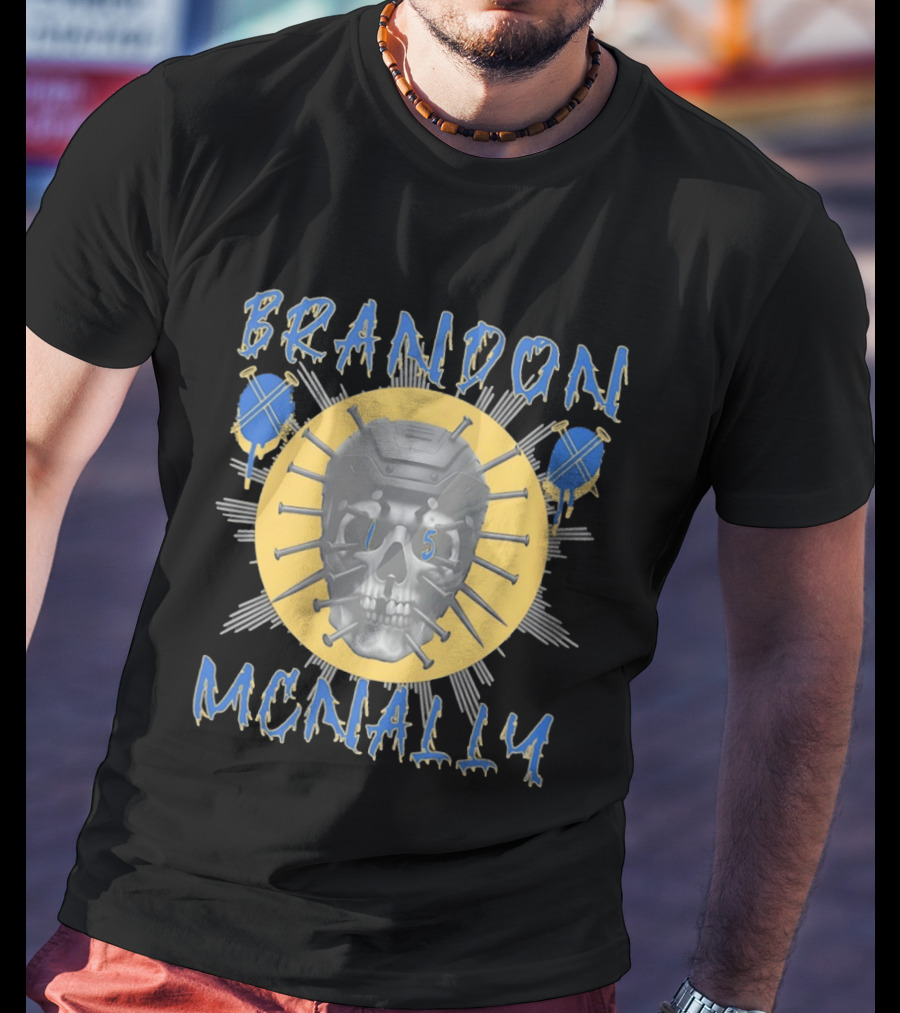Brandon McNally Hockey Skull 15 Helmet Nails Blue Yellow T-Shirt