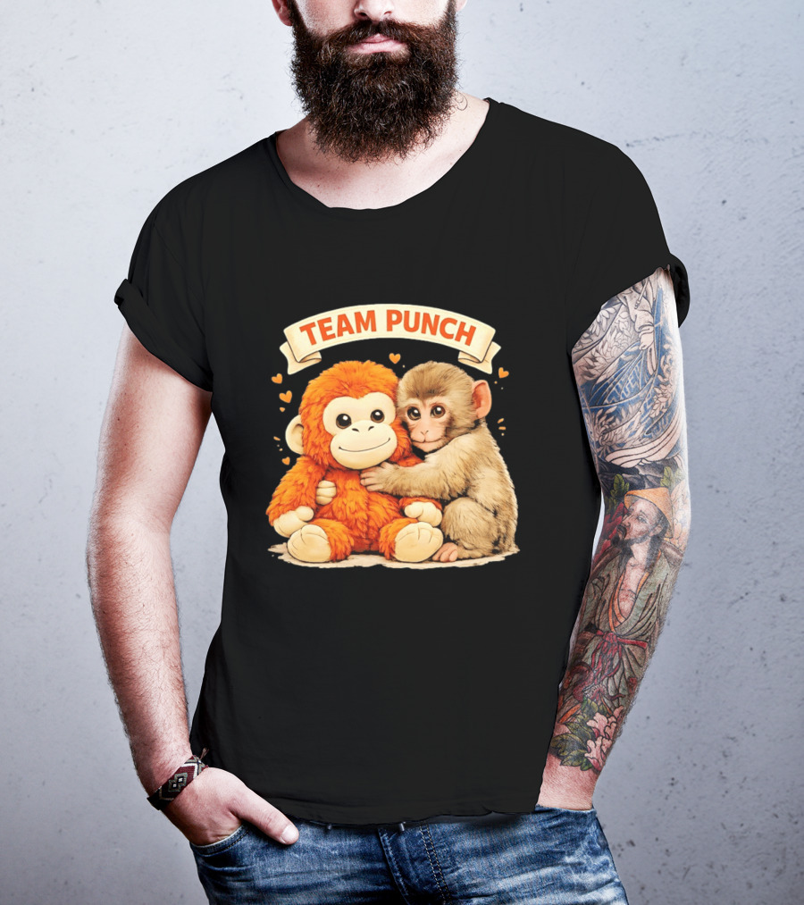 Team Punch Cute Baby Monkey Hugging Orange Plush Toy Charming Japanese Style Hearts T-Shirt