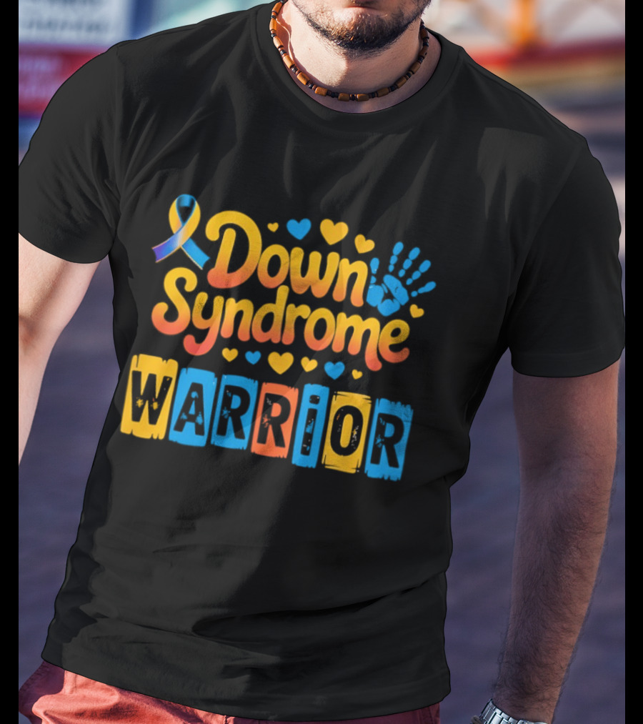 Down Syndrome Warrior Ribbon Handprint Hearts T-Shirt