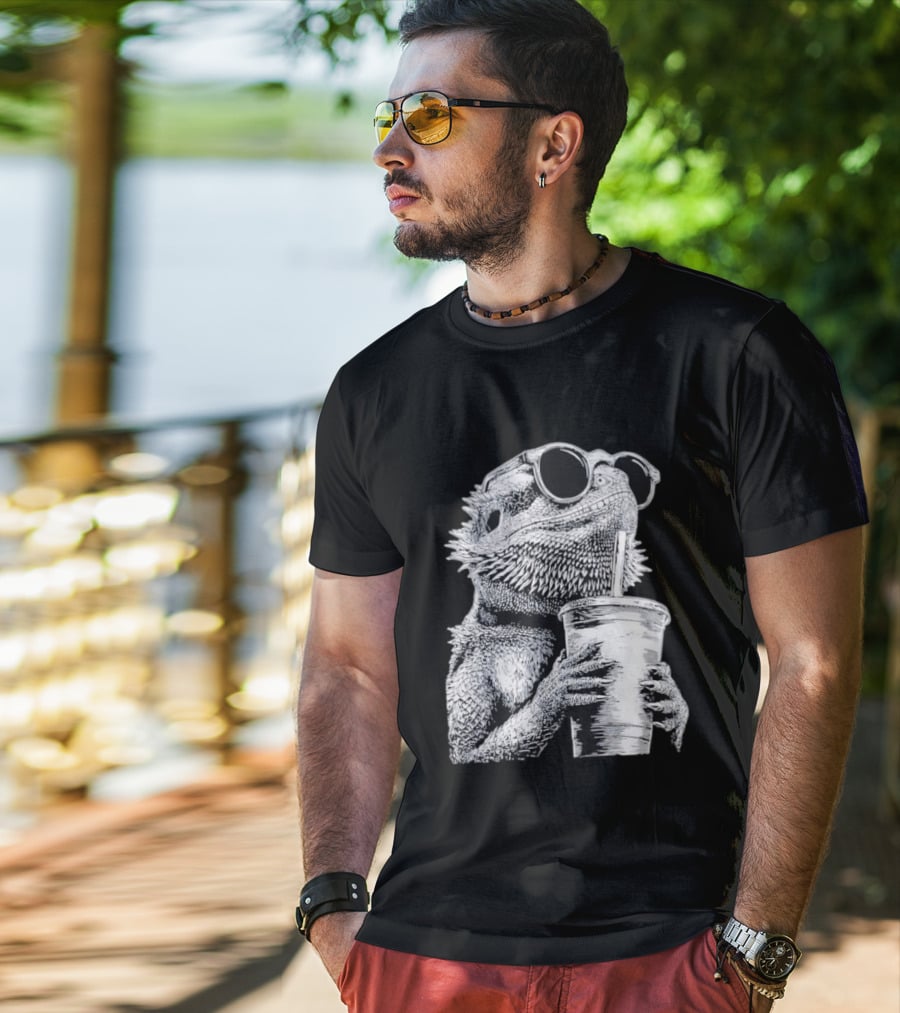 Bearded Dragon With Sunglasses Drinking Iced Coffee T-Shirt