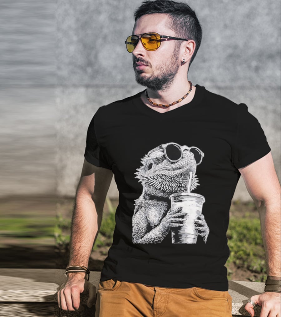 Bearded Dragon With Sunglasses Drinking Iced Coffee T-Shirt