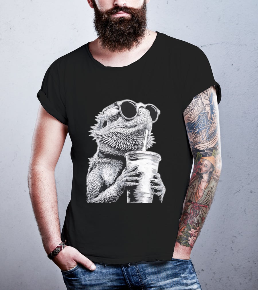 Bearded Dragon With Sunglasses Drinking Iced Coffee T-Shirt
