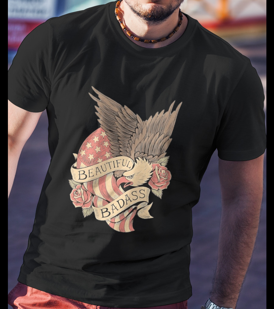 Beautiful Badass Eagle With American Flag And Roses T-Shirt