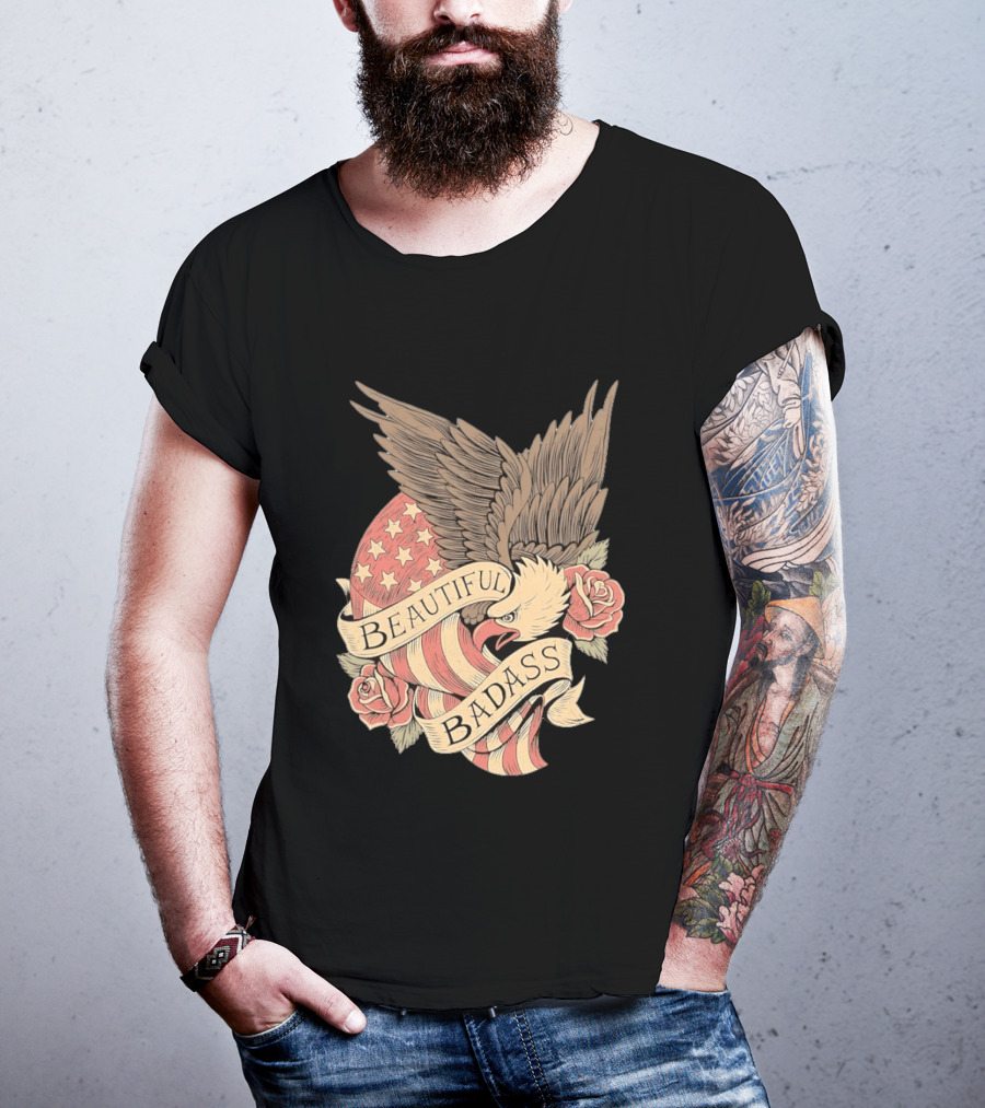Beautiful Badass Eagle With American Flag And Roses T-Shirt