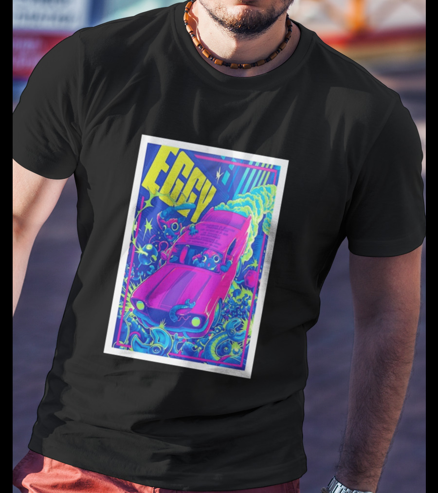 Eggy March 8 2026 The Burl Show Retro Neon Car Adventure T-Shirt