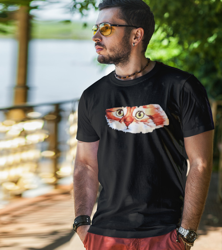 Watercolor Ginger Cat Face Green Eyes Close Up T-Shirt