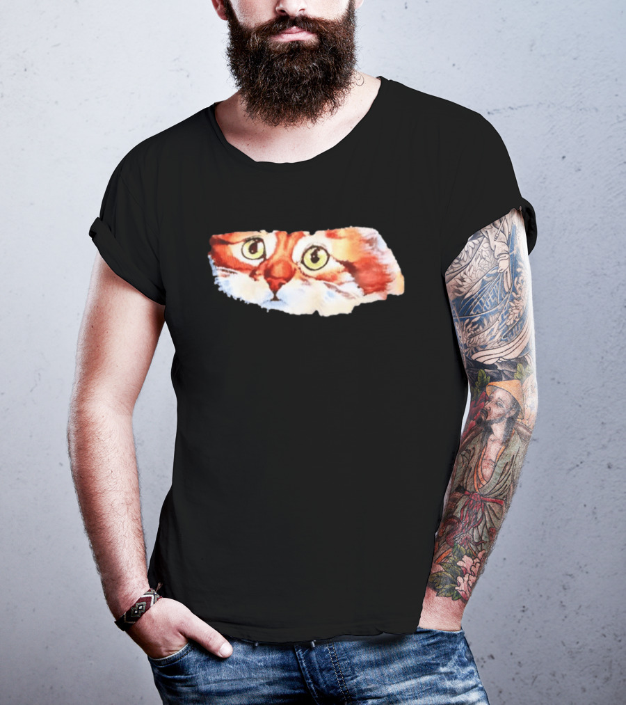 Watercolor Ginger Cat Face Green Eyes Close Up T-Shirt