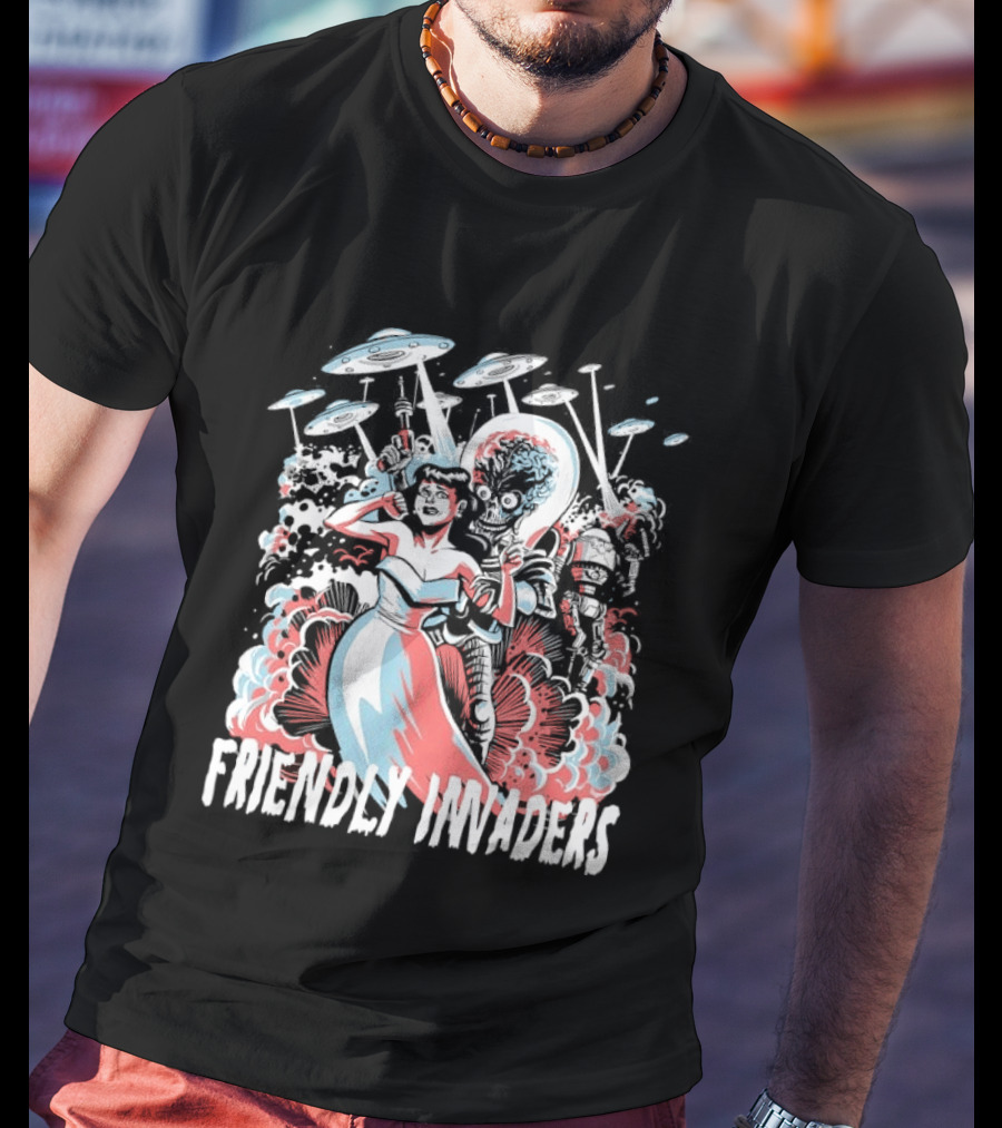 Friendly Invaders Retro UFO Invasion Art With Vintage Sci Fi T-Shirt