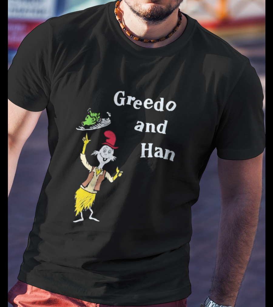 Greedo And Han Whimsical Cartoon Character Balancing Act T-Shirt