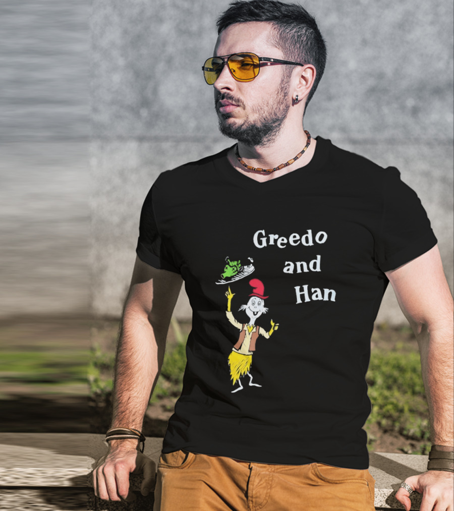 Greedo And Han Whimsical Cartoon Character Balancing Act T-Shirt