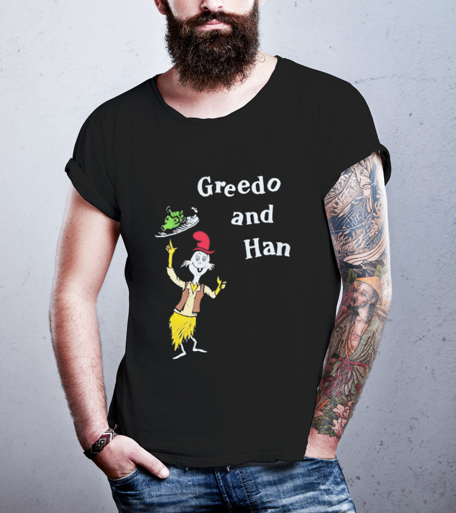 Greedo And Han Whimsical Cartoon Character Balancing Act T-Shirt