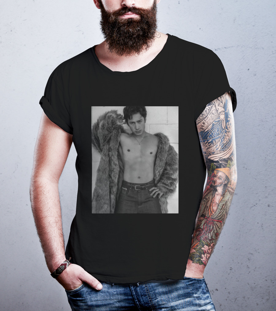 Hudson Williams Bold Fur Coat Statement With Classic Denim T-Shirt