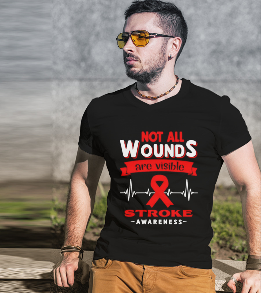 Red Ribbon Heartbeat Not All Wounds Are Visible Stroke Awareness T-Shirt