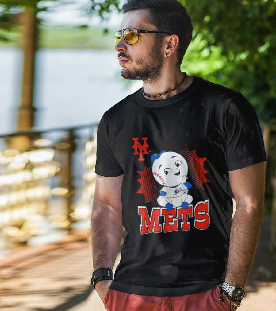 NY Mets Mr. Met Cartoon Character With Baseball And Team T-Shirt